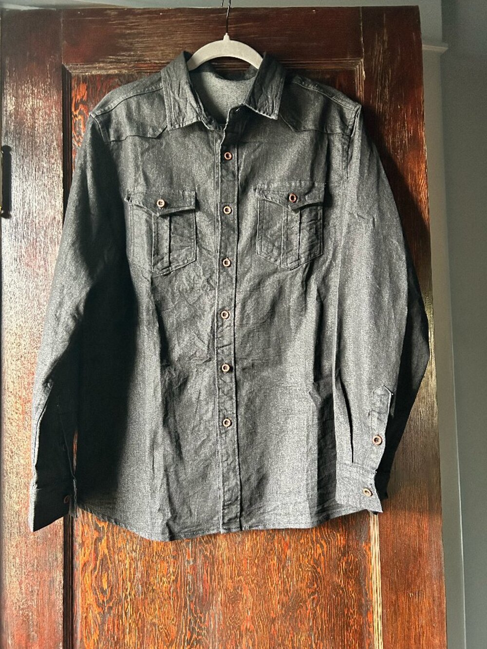 Manly Dark Navy Denim-Style Button Down with Brown Buttons Size Medium